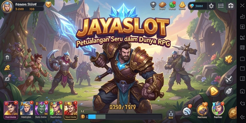 Tampilan utama JAYASLOT dengan karakter dalam pertempuran RPG.